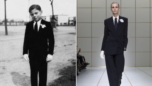 Model Honors Giorgio Armani with Communion Dress at Fashion Show