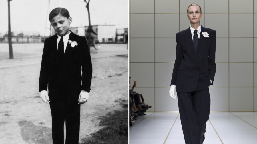 Model Honors Giorgio Armani with Communion Dress at Fashion Show